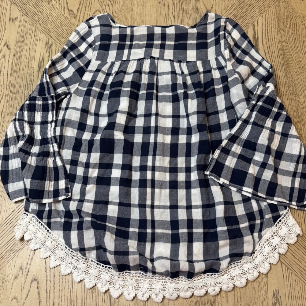 Crown & Ivy‎ women's Small Blue Plaid Lace Trim Bell Sleeve Peasant Blouse - Picture 3 of 9